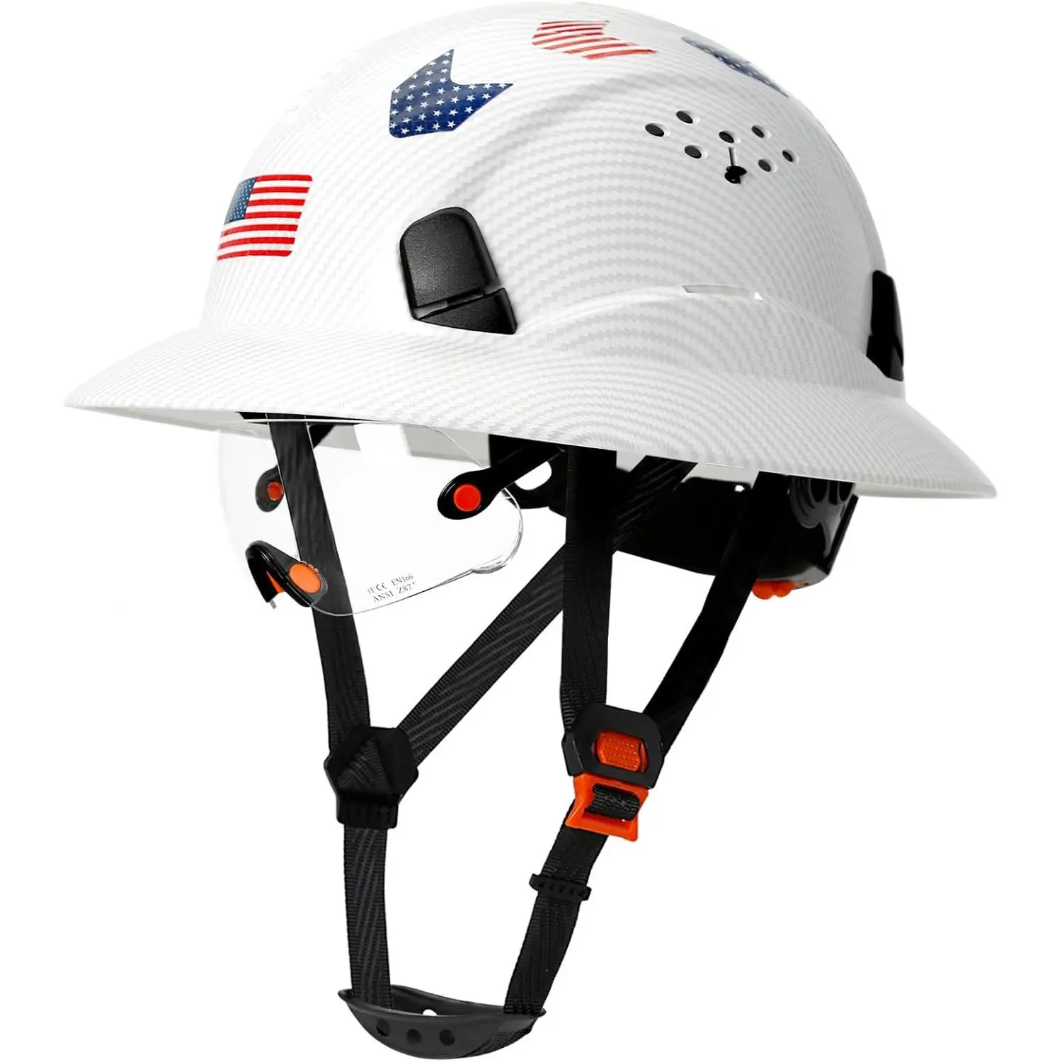 Carbon Fiber Pattern Full Brim Safety Helmet with Visor, Adjustable Vent, Reflective Design, Detachable Chin Strap, 6-Point Suspension - All Seasons Construction Work Protective Gear, Protective Work Gear