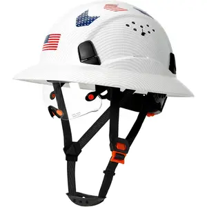 Carbon Fiber Pattern Full Brim Hard Hat with Visor Vented Reflective Safety Helmet for Men Women Chin Strap 6 Point Suspension Construction Work