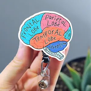 Labeled Brain Badge Reel, Neurology Badge Clip, Brain ID Holder, Cute Badge reel for Neuro nurses. Retractable swivel clip with a 360 rotation.  Badge pull