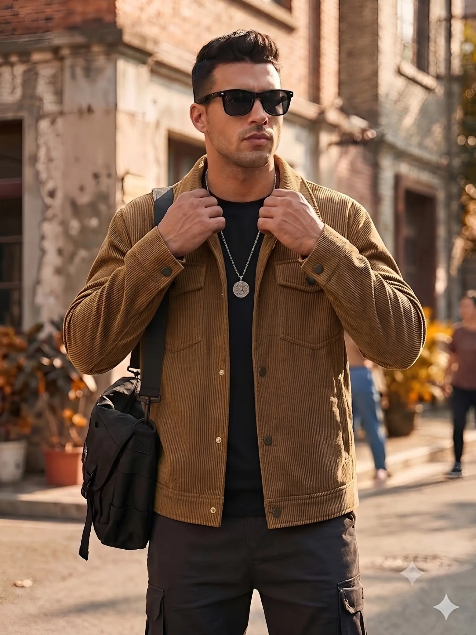 Men’s niche, distinctive retro urban functional corduroy jacket with a turn-down collar, double-breasted design, two pockets, beige color—commuting style, same model as Marlon.