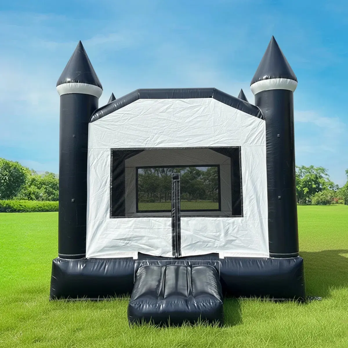 Black-White Commercial Rental-Grade Bouncy Castle with Blower, 13ft x 11ft Unisex Kids Inflatable Bouncer, Anchor Stakes Included for Outdoor Recreation Party Carnival, Playground Equipment, Events
