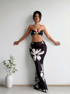 Women's Underwired 3-Piece Floral Bathing Suit Set - Nylon Swimwear with Sheer Maxi Skirt & Bikini Bottom, Ideal for Summer Beach (Bikini Sets, Swimsuit for Women)