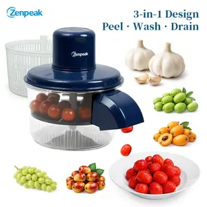 Zenpeak 3-in-1 Peel, Wash & Drain Electric Fruit & Veg Peeler with Washing Draining Basket, One-Touch USB Rechargeable Automatic Skin Remover for Grapes, Garlic, Cherries & Cherry Tomatoes, Easy to Clean, for Jam-Making Prep, Home & Commercial Use