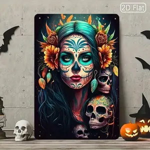 Day of the Dead Sugar Skull Metal Sign, Vibrant Cultural Wall Decor for Halloween Indoor Outdoor Home Decoration, Wall Art Decoration, Art Work For Wall Decor