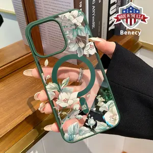 Elegant Bloomscape Pattern Magnetic Phone Case Supports Wireless Charging for iPhone 15 16 14 Pro Max 13 12 11 XR XS Plus E Shockproof Non Slip Protection Silicone Transparent Acrylic Cover Cellphone Protective