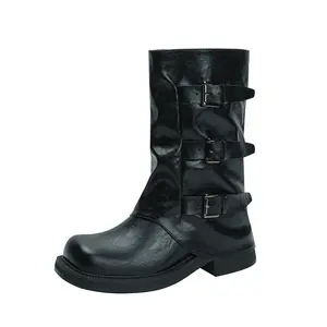 9CM Hidden Heel Mid Calf Boots For Petite Women Retro Knight Boots Autumn Cuff Boots