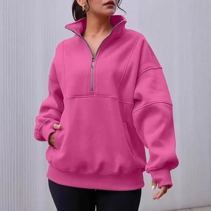 Women's Half Zip Sweatshirts Fleece Stand Collar Long Sleeve Thumb Hole Oversized Pullovers With Pockets S-3XL