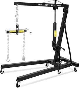 Foldable 2-T Hydraulic Engine Hoist with Leveler, 4400-LBS Capacity, Telescopic Boom, 6 Caster Wheels, for Garage and Workshop Use, Black