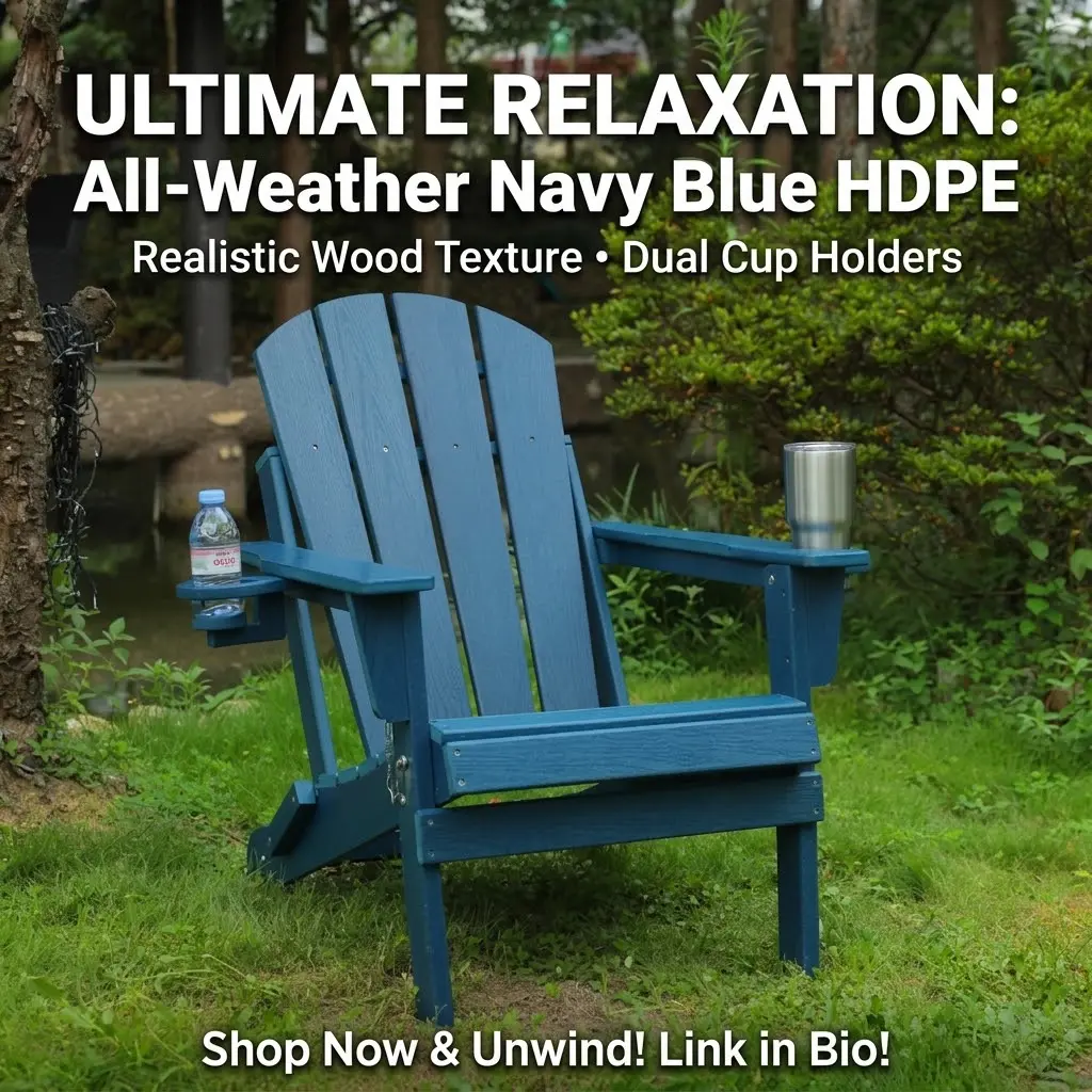 Adirondack Chair Folding HDPE Outdoor Chairs with CupHolder Composite Navy Blue Wood Texture Heavy Duty Patio Furniture for Garden Fire Pit Deck Backyard Makeover Aesthetic Porch Seating Summer Essentials Weatherproof