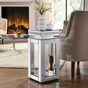 Mirrored End Table Square with Crystals Inlay, 2-Tier Modern Small Sofa Table with Storage, Silver Accent Table for Living Room, Bedroom, Coffee, and Small Spaces 11.8"D x 11.8"W x 26"H