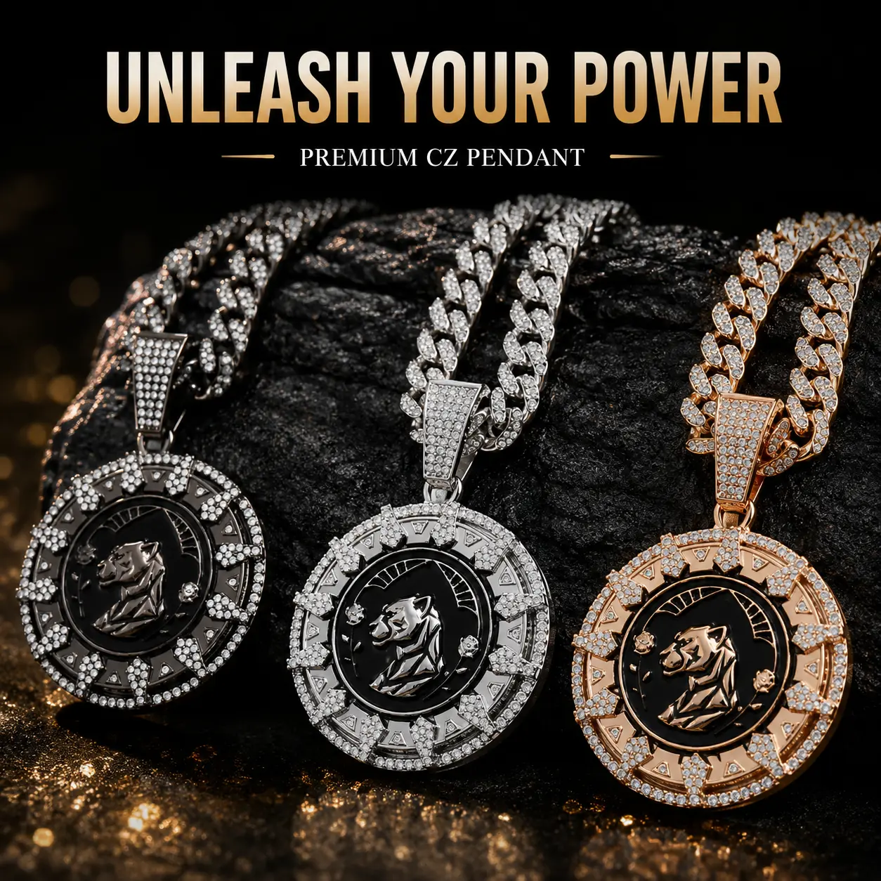 Unisex Hip Hop Jewelry 2-Piece Rotating Black Panther Symbol Pendant Necklace Set - Casual Long Streetwear Metal Coating Chain, Gift Box Included for Birthday, Anniversary, Rappers