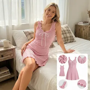 Women's Y2K Cute Ruffle Trim Mini Dress Sleeveless Tie Front Sweetheart Neck Textured Short Dress for Y2K Style