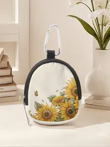 Sunflower Pattern Mini Wallet, Lightweight Zipper Coin Purse with Hook Clip, Earphone Key Bag, Unisex Casual Style, All Seasons