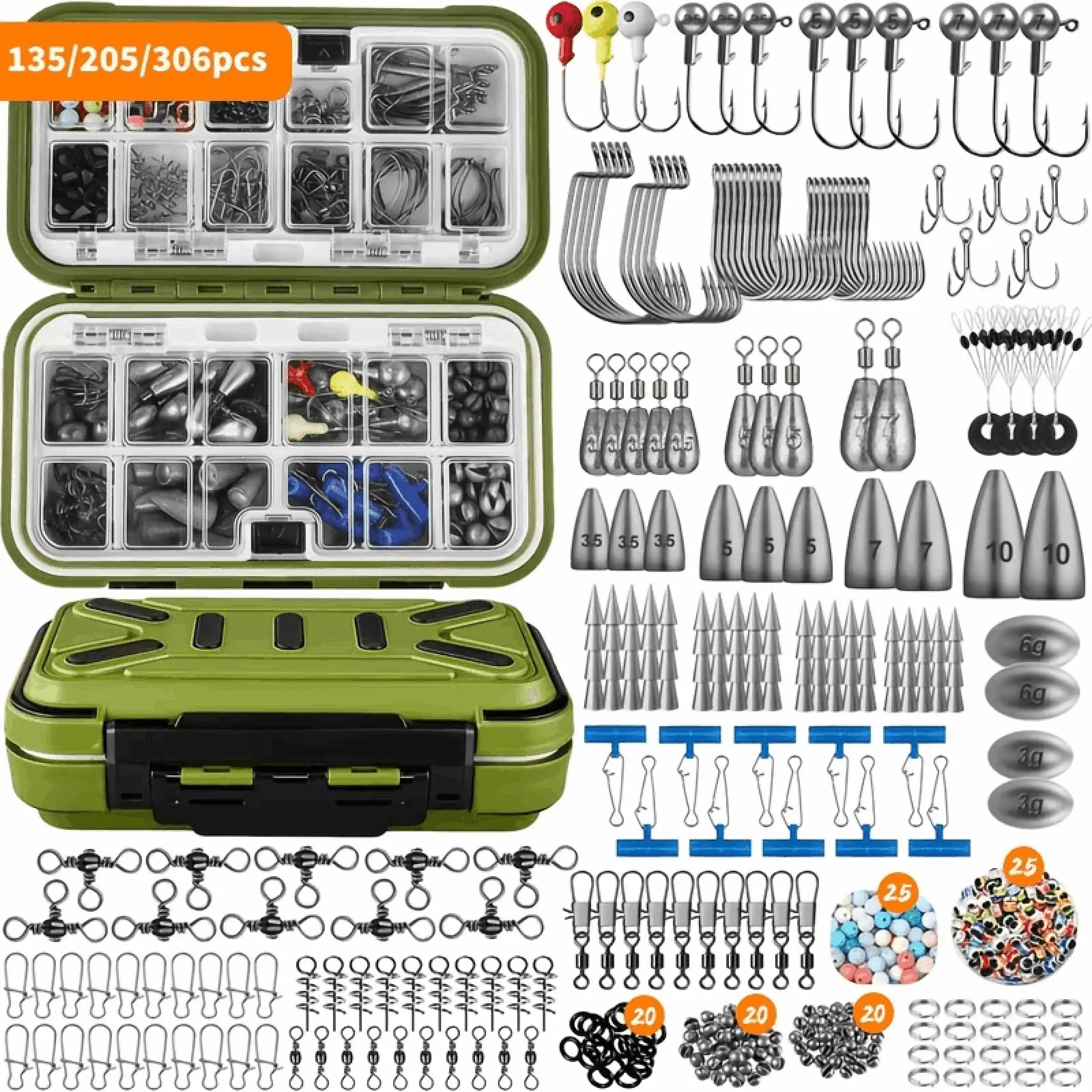 135pcs/205pcs/306pcs Fishing Gear Kit, Fishing Accessories, Tackle Box with Hooks, Weights, Spinner Blade, Equipment for Bass, Trout, Bluegill, Crappie
