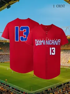 Classic Number 13 & DOMINICAN Embroidery Design, Men's Baseball Jersey, Short Sleeve Breathable Shirt, Suitable for Training And Competition, Sportswear Top, Outdoor Apparel, Training Clothes