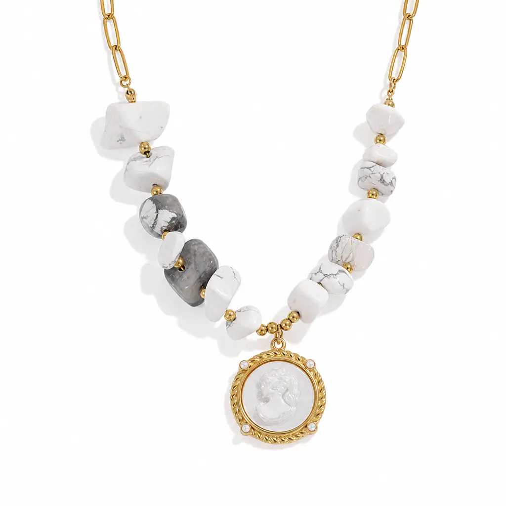 Gold-Tone Stainless Steel Classical Portrait Medallion Necklace with White & Gray Marbled Chip Accents
