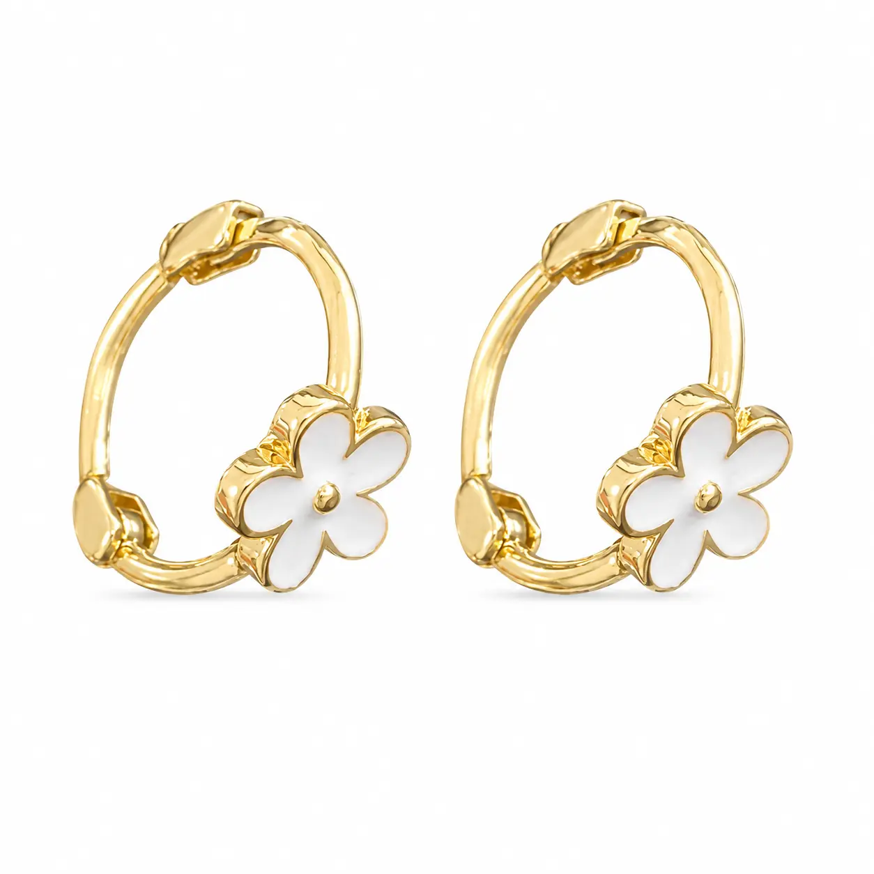 Dainty White Flower Gold Huggie Hoop Earrings, Minimalist Daily Wear Earrings for Women Girls