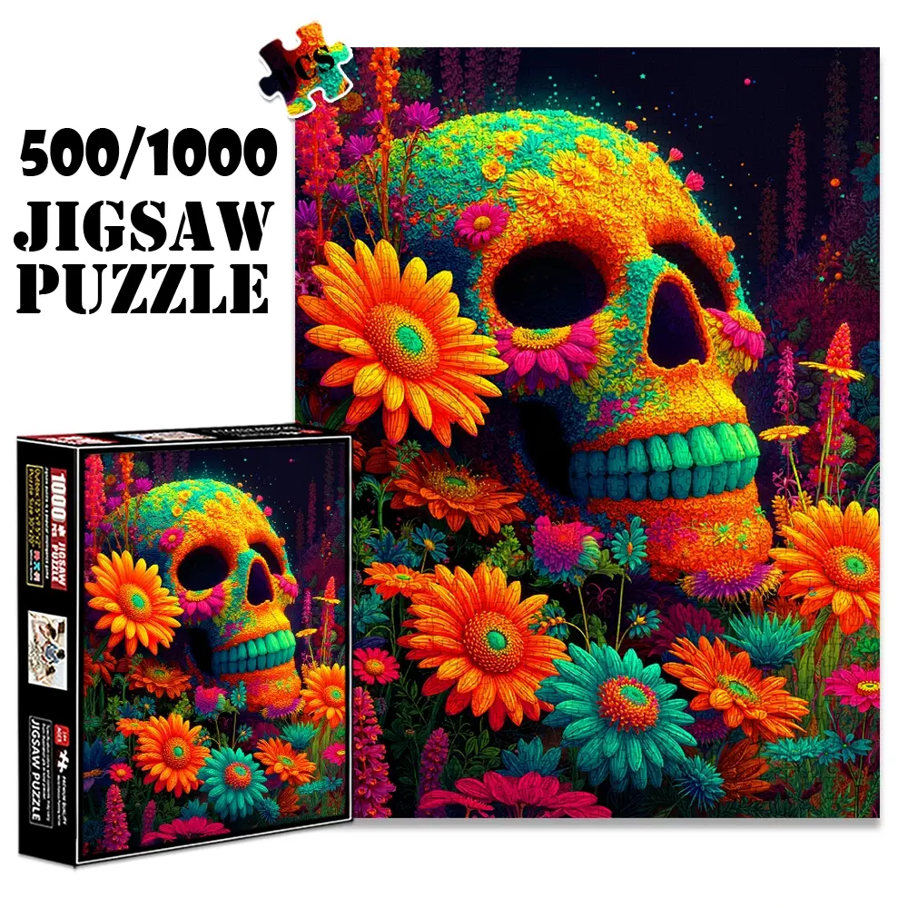 1pc 1000 piece adult puzzle 70x50cm Colorful Skull Surrounded by Vibrant Flowers 500 pieces paper jigsaw puzzle Art Puzzles Brain Teaser Puzzles suitable for DIY creative games for adults and families, birthday and holiday stress re