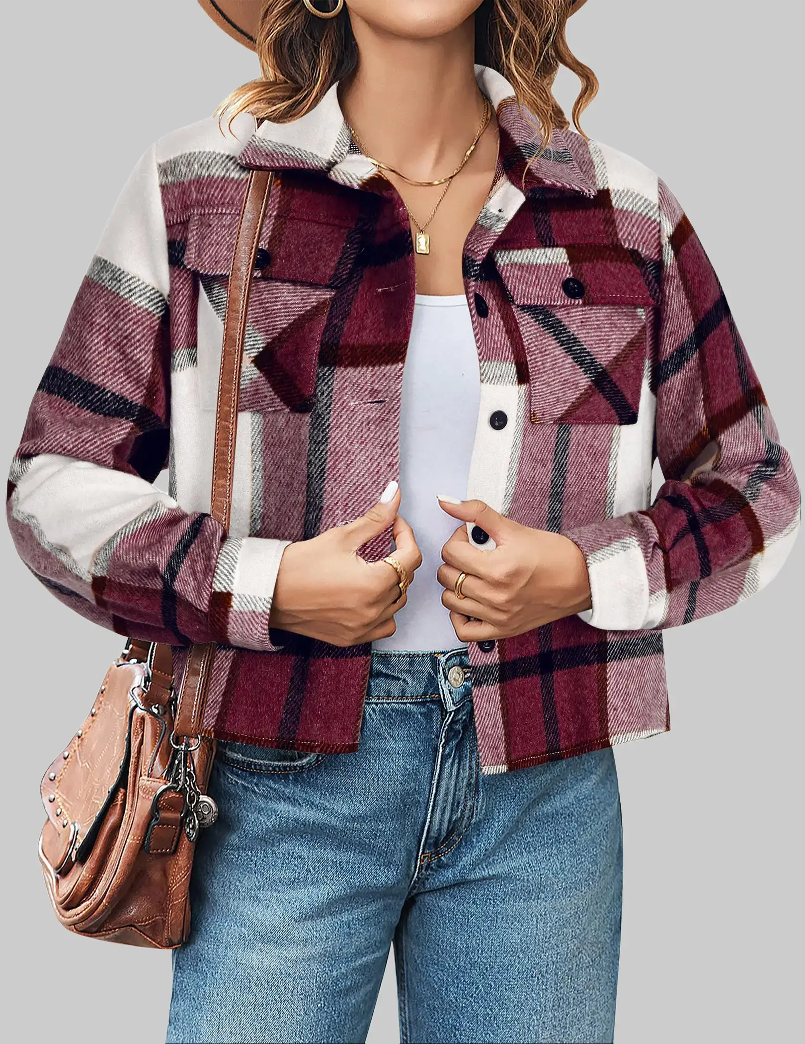 Women's Cropped Plaid Flannel Jacket Tops, Vintage Loose Fit Button Down Shacket with Lapel Collars, Warm Fabric for Casual Outdoors, Soft, Holiday, Working