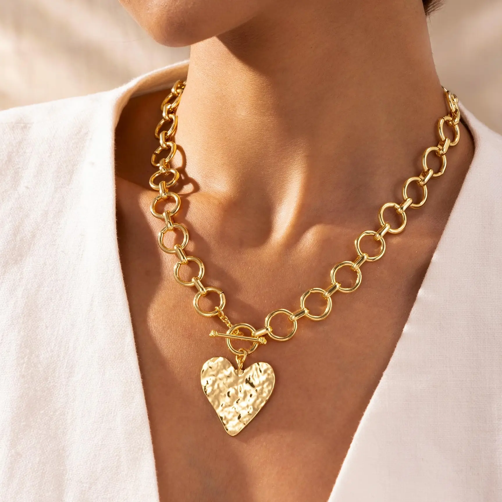 Tewiky Best Gift For Mothers Day Greenish Jewelry Necklaces Valentine's Day Gift Chunky Gold Layered Heart Pendant Bold Chain with Toggle Clasp for Women,Waterproof Hypoallergenic Chunky Statement Jewelry for WomenFashion Jewelry Items Holiday gifts