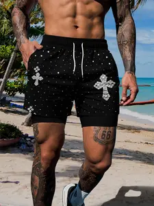 Men's Celestial Cross Rhinestone Starlight Swim Fitness Shorts, Luxury Double Layer, Shiny Cross Pattern, Holy Sparkle Quick Dry Beach Training Shorts, Stretch Shorts, Stretch Board Shorts