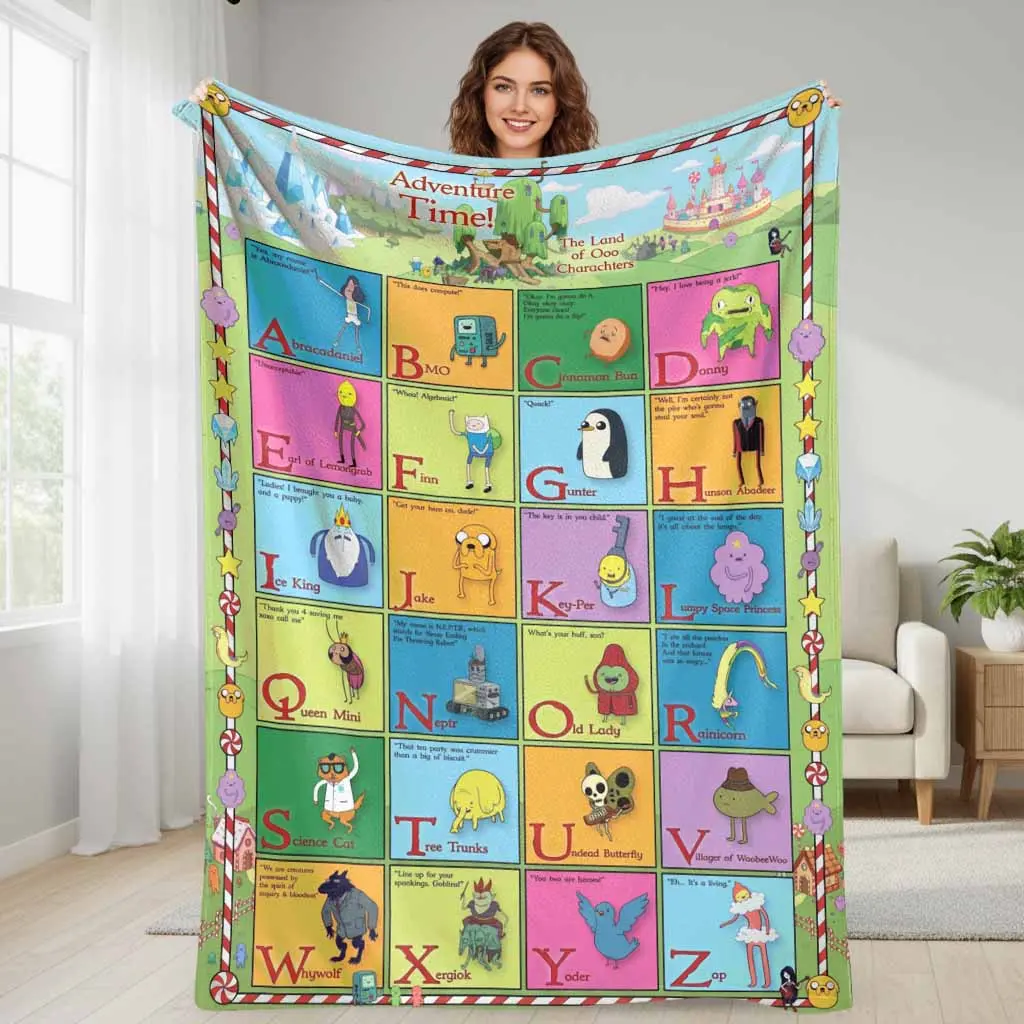 Adventure Time Alphabet Flannel Blanket Colorful Character Typography Printed Design Super Soft Lightweight Plush Fleece Throw Rug Perfect For Cozy Bedroom Living Room Bedding Decor Or Warm Birthday Gift