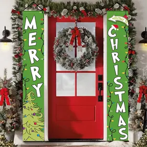 2pcs Merry Christmas Green Door Banners,  11.81x70.87in/30x180cm Xmas Polyester Door Banner with Xmas tree Design Outside Xmas Sign Outdoor Indoor Decor Winter Banner for Front Porch Yard Home Decorations