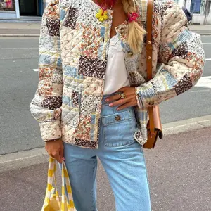 Women’s quilted jacket for autumn, lightweight floral print casual long-sleeve button cardigan, ladies outerwear streetwear, women’s clothing for indoor and outdoor wear, women’s clothes for daily wear