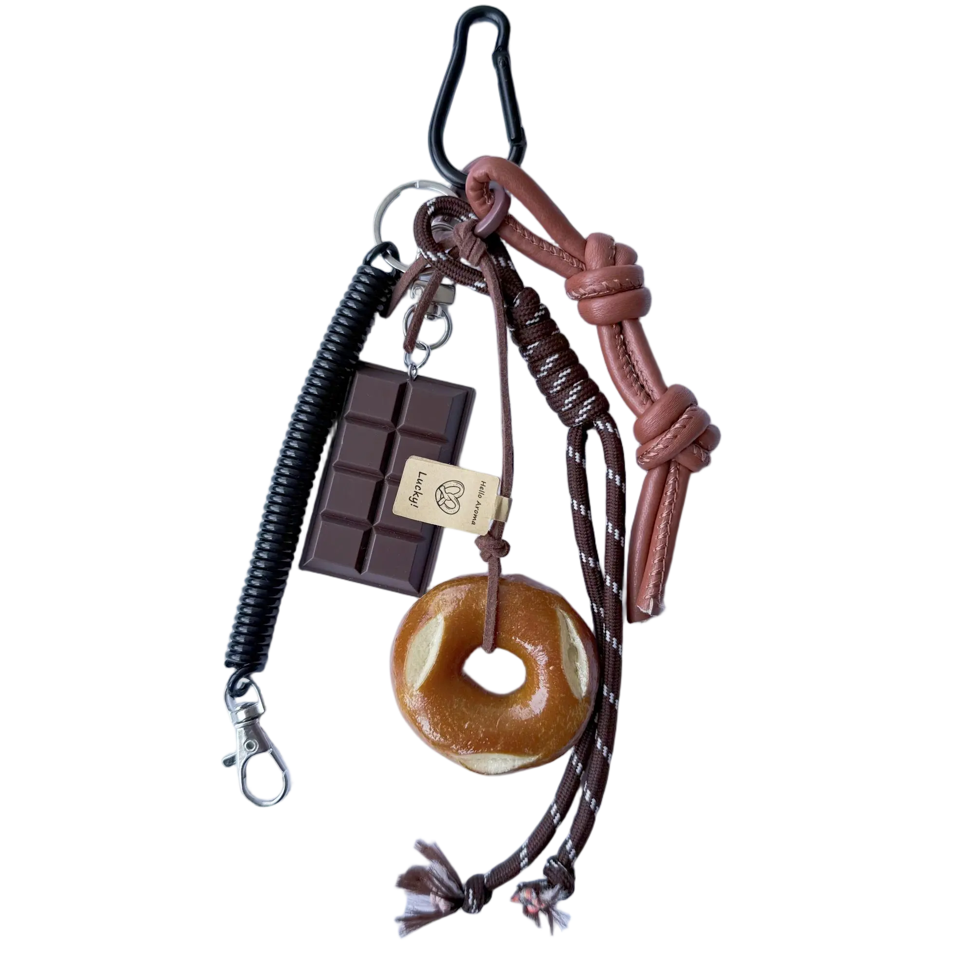 Aesthetic Bag Accessories Charms, Creative Bagel & Chocolate Braided Nylon Rope Bag Pendant Keychain for Women, Cute Backpack Decor Ideas, Bag Charm