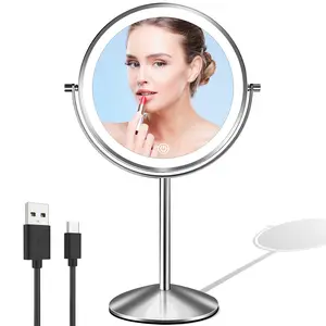 KKIQQQ Lighted Makeup Mirror with Magnification, 8" Rechargeable Magnifying Mirror with Light, 1x/10x 360°Rotation Touchscreen Make up Mirror, 3 Colors Brightness Adjustable Vanity Mirror, Chrome