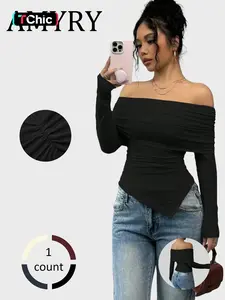 Women's V Neck Long Sleeve Top, Loose-Fitting Plain Design, Spring & Fall Fashion, Casual Wear for Women, Comfortable Daily