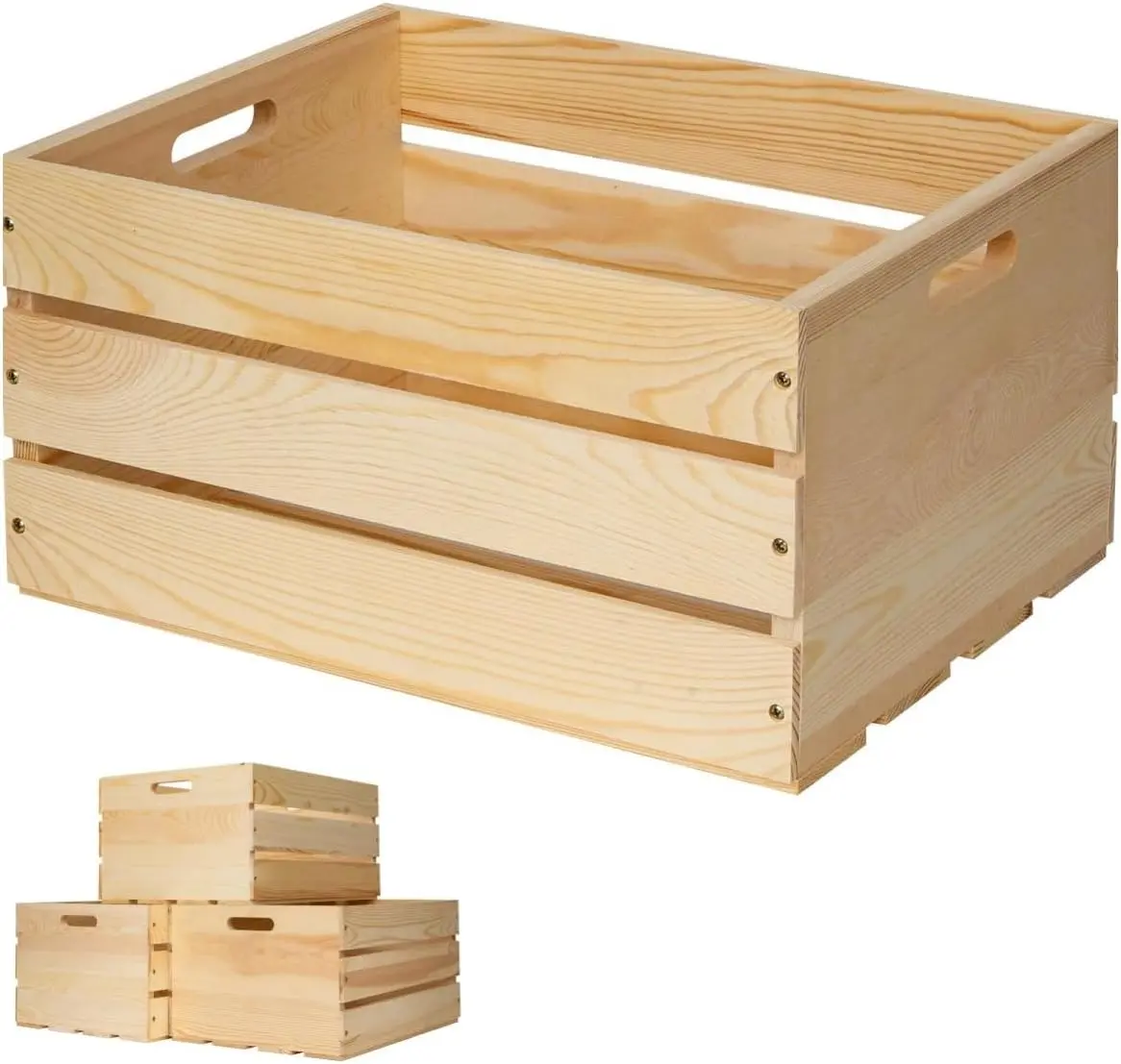 3 count Large Pine  Crates For Storage, Unfinished  Wooden Crates, 17" x 13" x 8.9" Each, Holds Up to 50 Pounds
