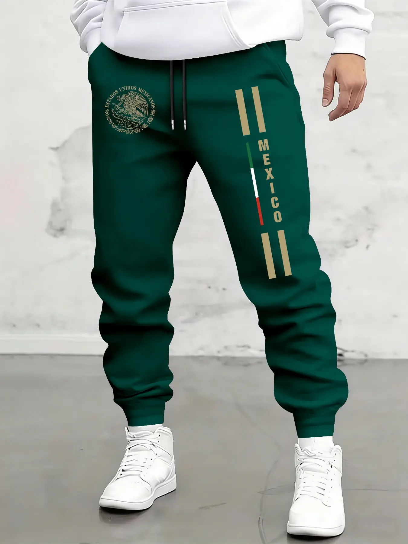 Men's Loose Fit Casual Sweatpants, Mexican Emblem Letter Print, Adjustable Drawstring Waist, Street Style Long Pants, Daily Wear
