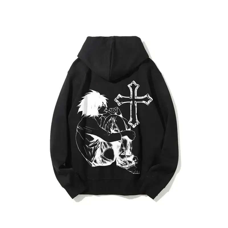 Casual Gothic Anime Style Character Graphic Hoodie Unisex Long Sleeve Pullover Sweatshirt Streetwear Apparel for Men Women