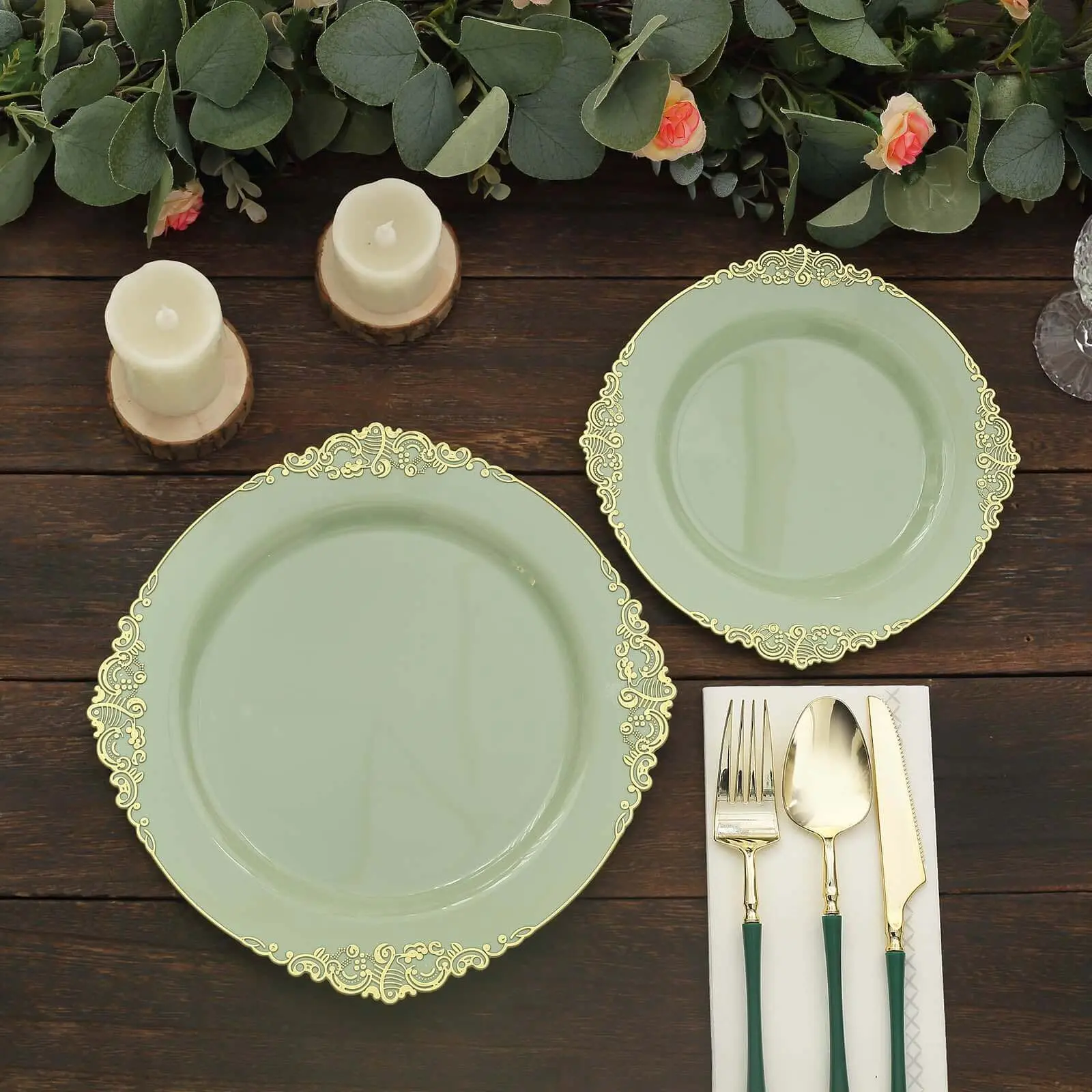 10-Pack 8 in Elegant Plastic Party Plates - Sage Green Round, Gold Leaf Embossed Spill-Proof Rim, Vintage Baroque Style Fancy Disposable Plates for Weddings