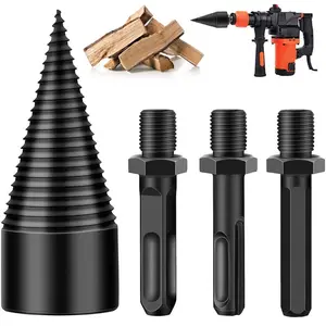 4pcs Firewood Log Splitter, Wood Log Splitter, Easy Splitter Detachable Drill Bit Heavy Duty Electric Drills Screw Cone Driver Removable (Round+Square+Hex 32mm)(Black)