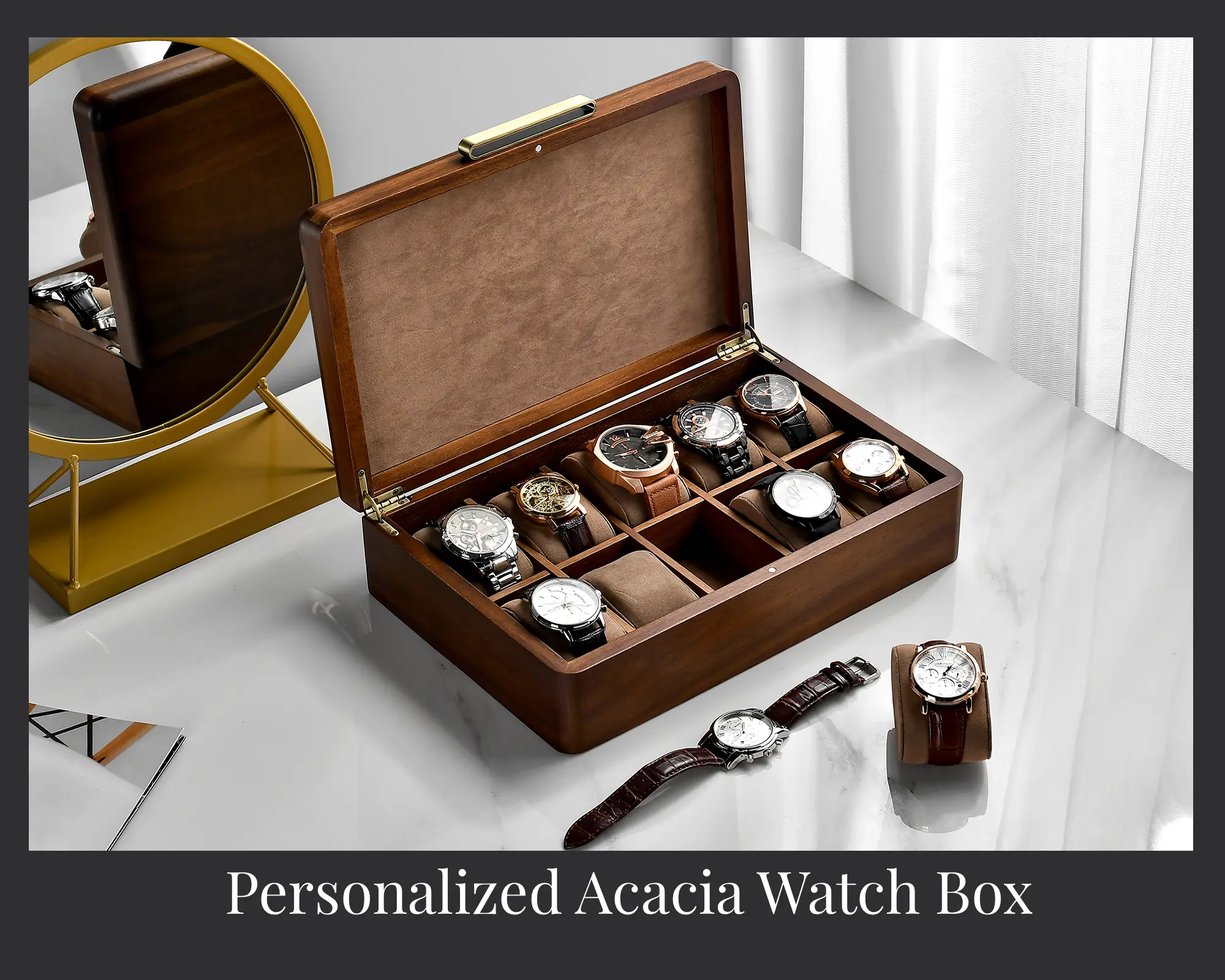 Personalized 10 Year Anniversary Watch Box For Men, 10 Slots Engraved Storage, Large Wooden Organizer For Small Accessories, Customized Gift