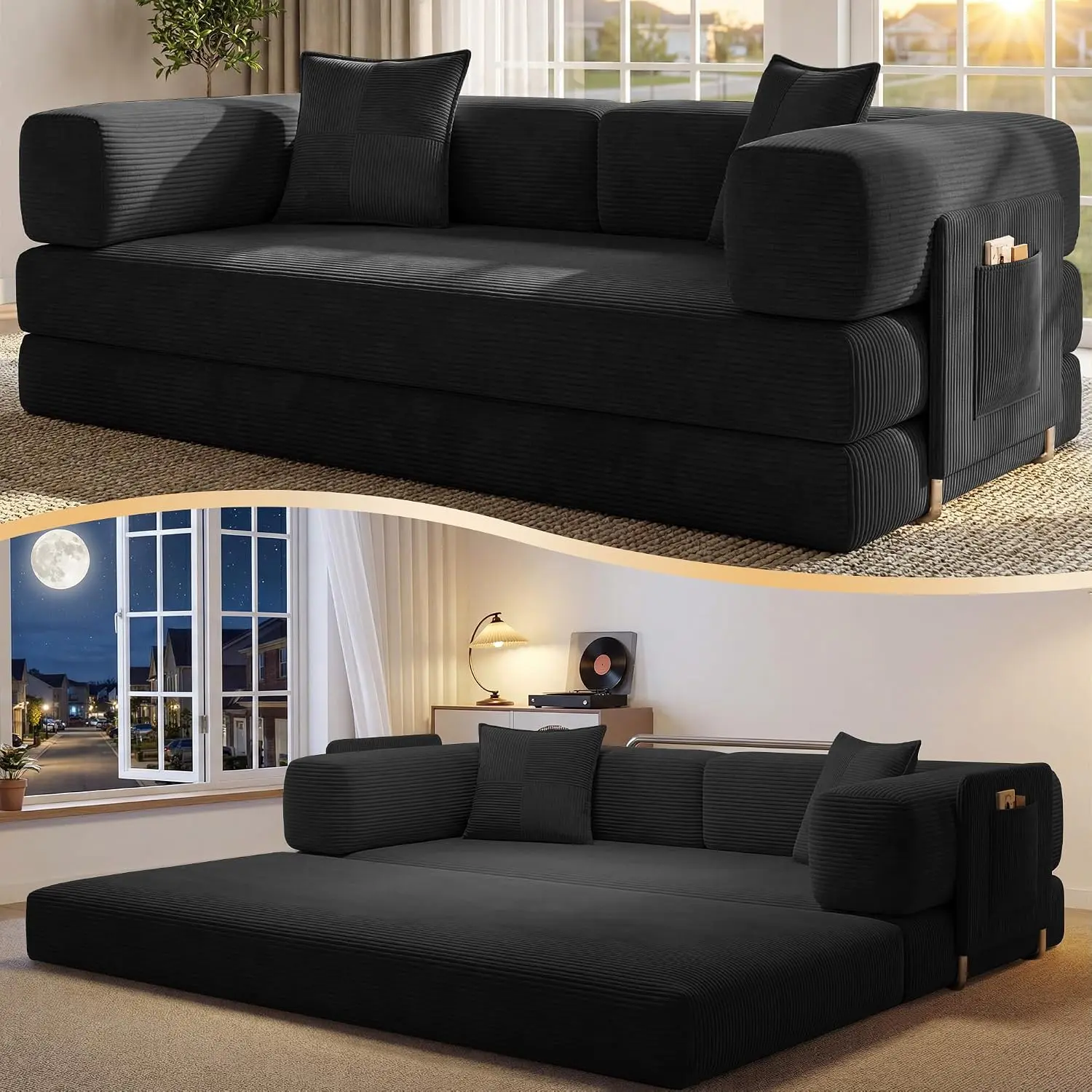 78.8'' Futon Sofa Bed, Boneless Couches for Living Room | Corduroy Convertible Futon Sofa Bed with Storage Pocket, Modular Sleeper Couch in a Box, No Assembly