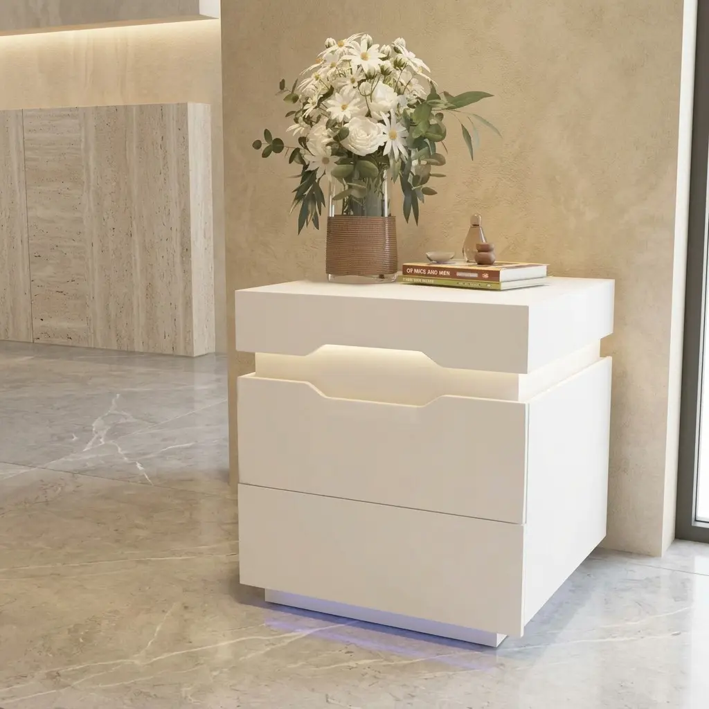 White MDF Wood Nightstand with RGB LEDs, 20 Color Modes LED Lights, Pull-Out Top Storage, 2/3-Drawer Multifunctional Bedroom Bedside Table, Modern Indoor Side End Table for Home Decor