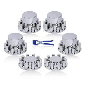 Chrome ABS 33 mm Thread-On Dome Axle Cover Combo Kit, 2 Front and 4 Rear with Removable Hub Caps and Lug Nut Covers for Semi Truck