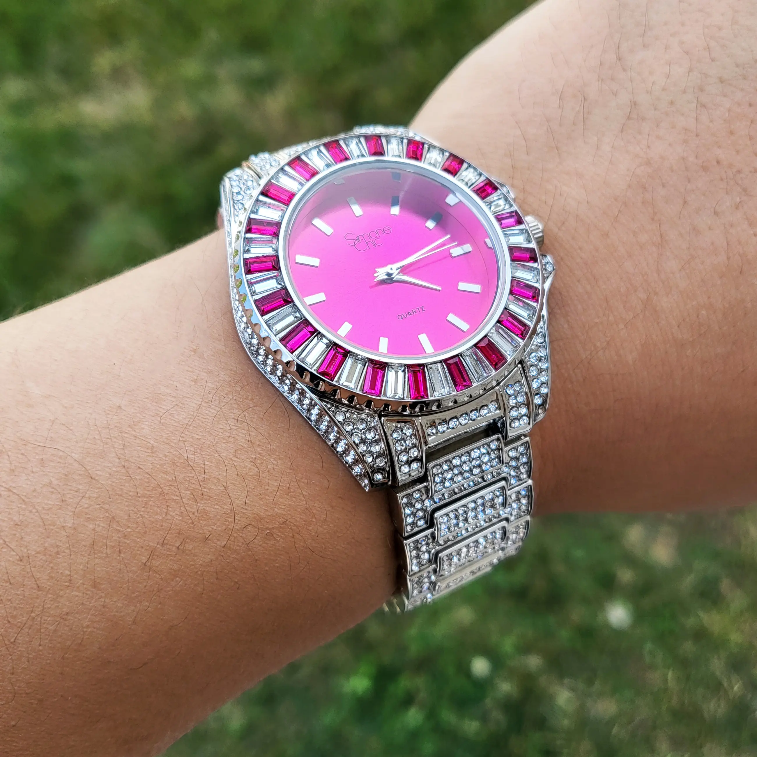 MaxBling81 Women's Iced Hip Hop Watch, Silver-Plated Metal Band with Baguette Cubic Zirconia, Fashionable Analog Quartz Watch with Pink Dial, Fashionable Analog Watch