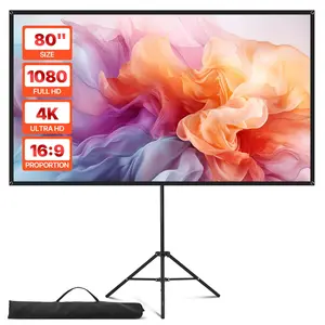 VEVOR Projector Screen with Stand, Summervibes,Summervibes, 80 Inch 160° Wide Angle Indoor Outdoor Projection Screen, 16:9 4K HD Wrinkleless Portable Tripod Screens with Carry Bag, for Movie Home Theater Office Presentation
