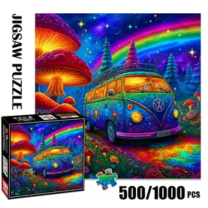 1pc 1000 piece adult puzzle 58x58cm Colorful VW Bus in Enchanted Forest with Mushrooms, Rainbow and Galaxy 500 pieces of paper puzzle, suitable for adults and families, large-scale DIY puzzle interactive t Jigsaw Puzzles