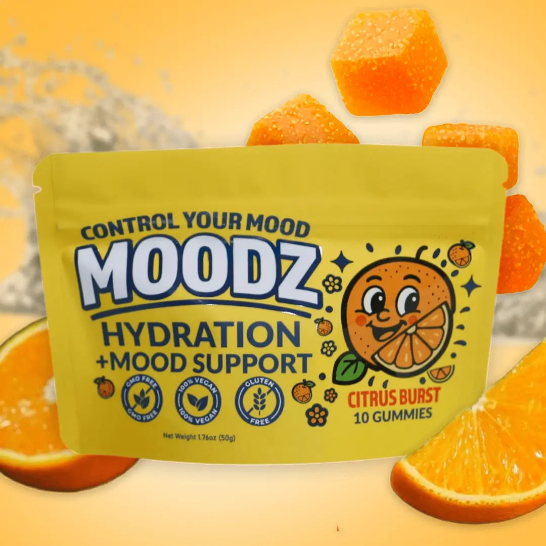 MOODZ Citrus Burst Electrolyte Gummies for Hydration, Vegan Gluten-Free Chews with Magnesium, Sodium, Potassium and Plant Terpenes