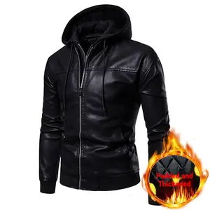Men's Black Faux Leather Jacket with Sherpa Lining - Hooded Casual Fashion Coat