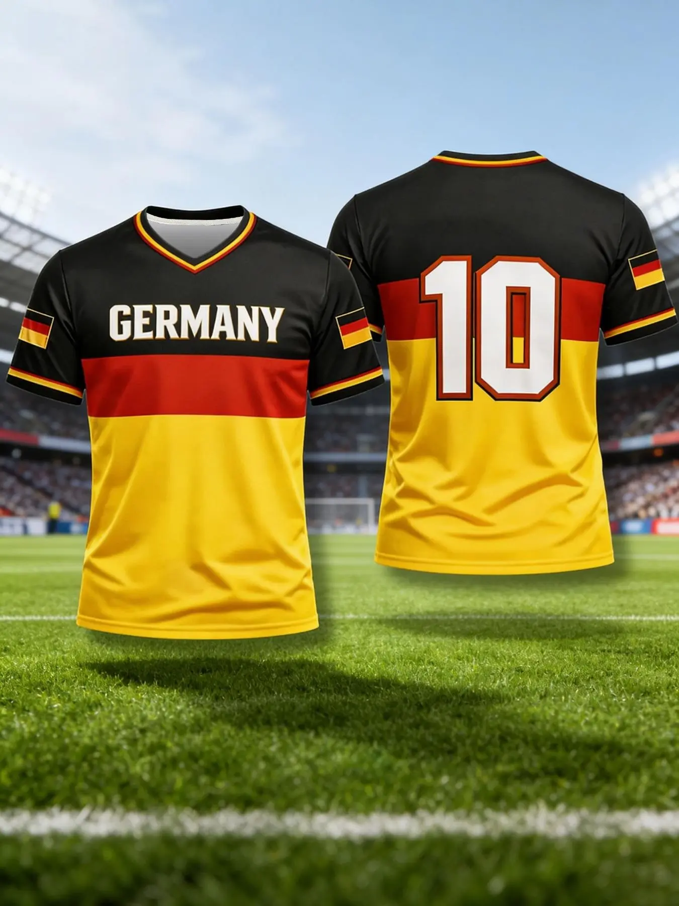 Personalized German 3D football jersey, black red and gold V-neck fan player T-shirt, short sleeve jersey, team football uniform, suitable for both men and women as a gift, quick-drying fabric competition outfit, Sportswear Clothing, Quick Drying Tops
