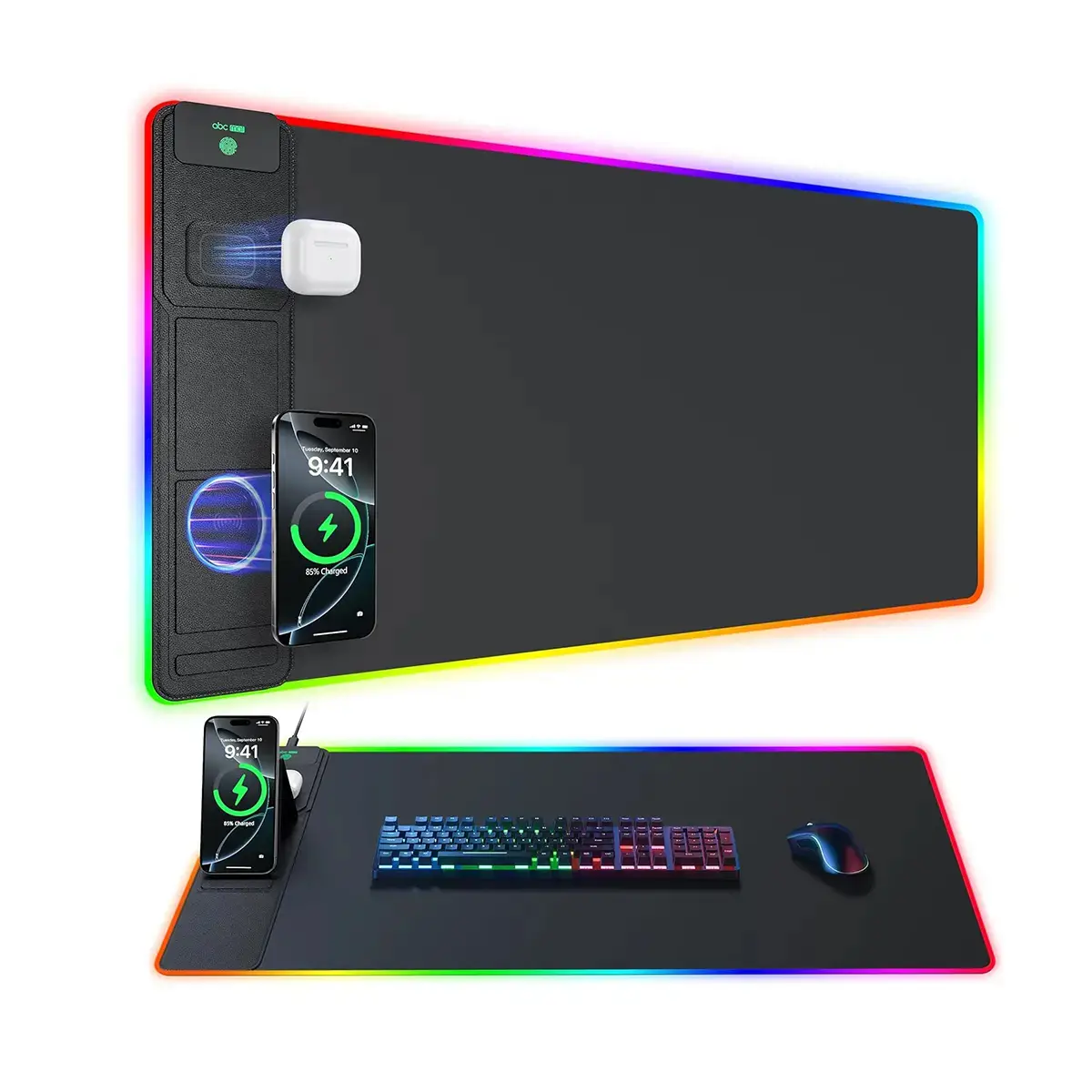 15W 4-in-1 RGB Gaming Mousepad - Extended Extra-Large 31.5x11.8in 4-in-1 Pad, Desk Accessory with Charger, 13 LED Modes, Phone Stand, Excel Shortcuts, 1.5m Cable, Non-Slip Waterproof Easy-Maintain Surface, Bonus Gamer Stretch Guide