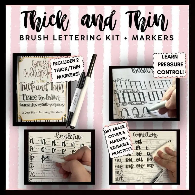 Comfy Thick & Thin Brush Lettering Workbook | Beginner Calligraphy Practice Kit | Reusable Dry Erase System + Washable Marker Included