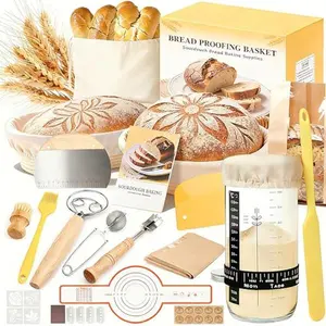 Sourdough Starter Kit, Sourdough Bread Baking Supplies, Round & Oval Banneton Bread Proofing Basket, Bread Sling, Starter Jar, Dough Whisk, Scrapers, Stencils & Bag, Complete Sourdough Kit Gifts