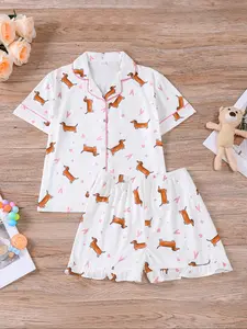 Cartoon Dog Print Top & Shorts Pajama, Casual Comfy Short Sleeve Lapel Neck Top & Shorts Pj Set, Kids Sleepwear for Summer, Soft Casual Pajamas, Pajama Lounge Sets, Pajama Outfit